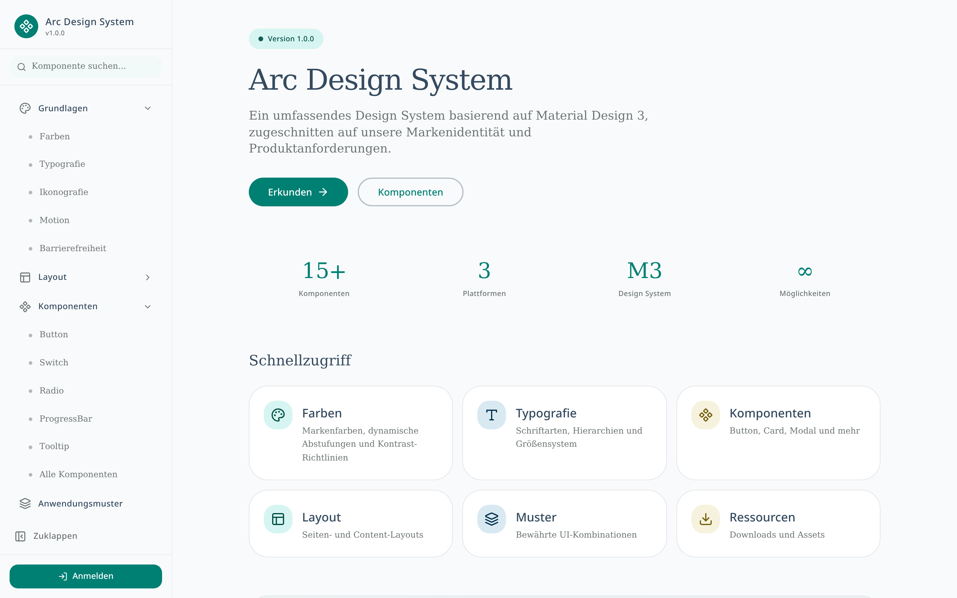 Startseite der Arc Design-System-Dokumentation mit Navigation, Schnellzugriff-Kacheln und Design-Prinzipien