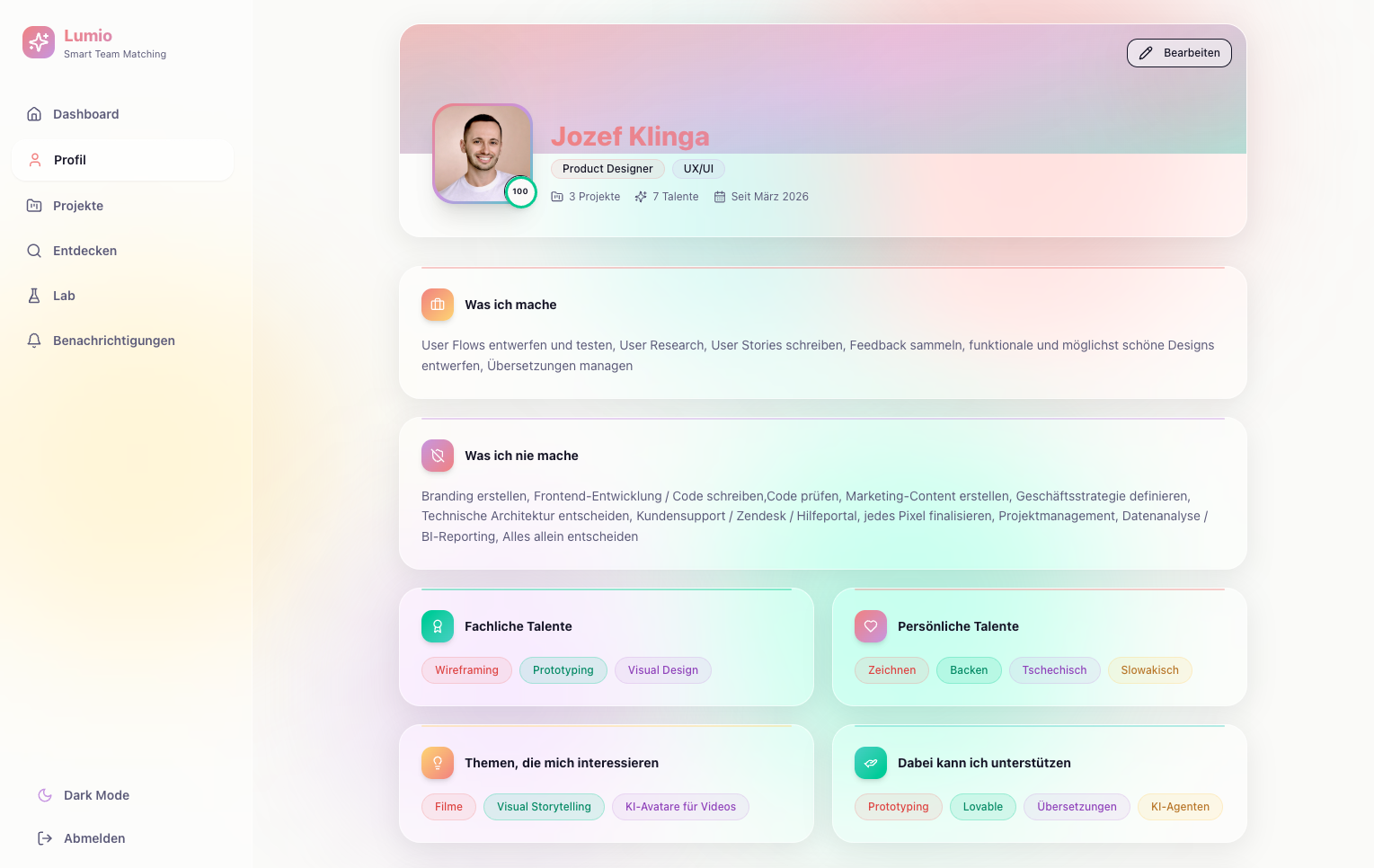 LUMIO Profil – fachliche und persönliche Talente im Liquid-Glass-Layout