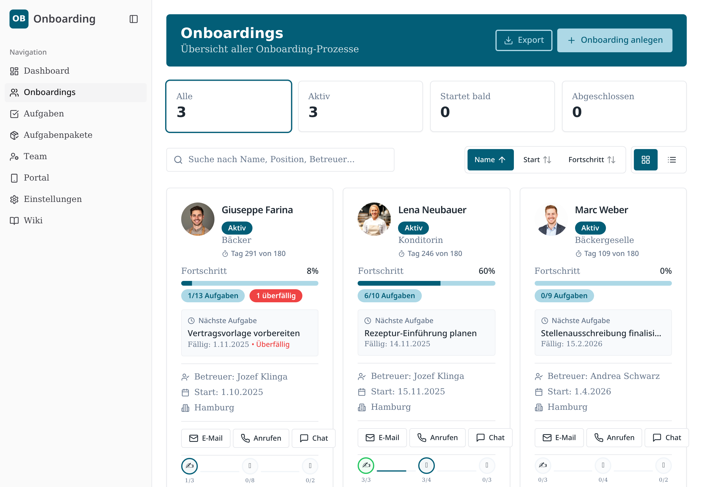 Task Flow Master Onboardings – Fortschritt, Betreuer:in und Status pro Mitarbeitende:r
