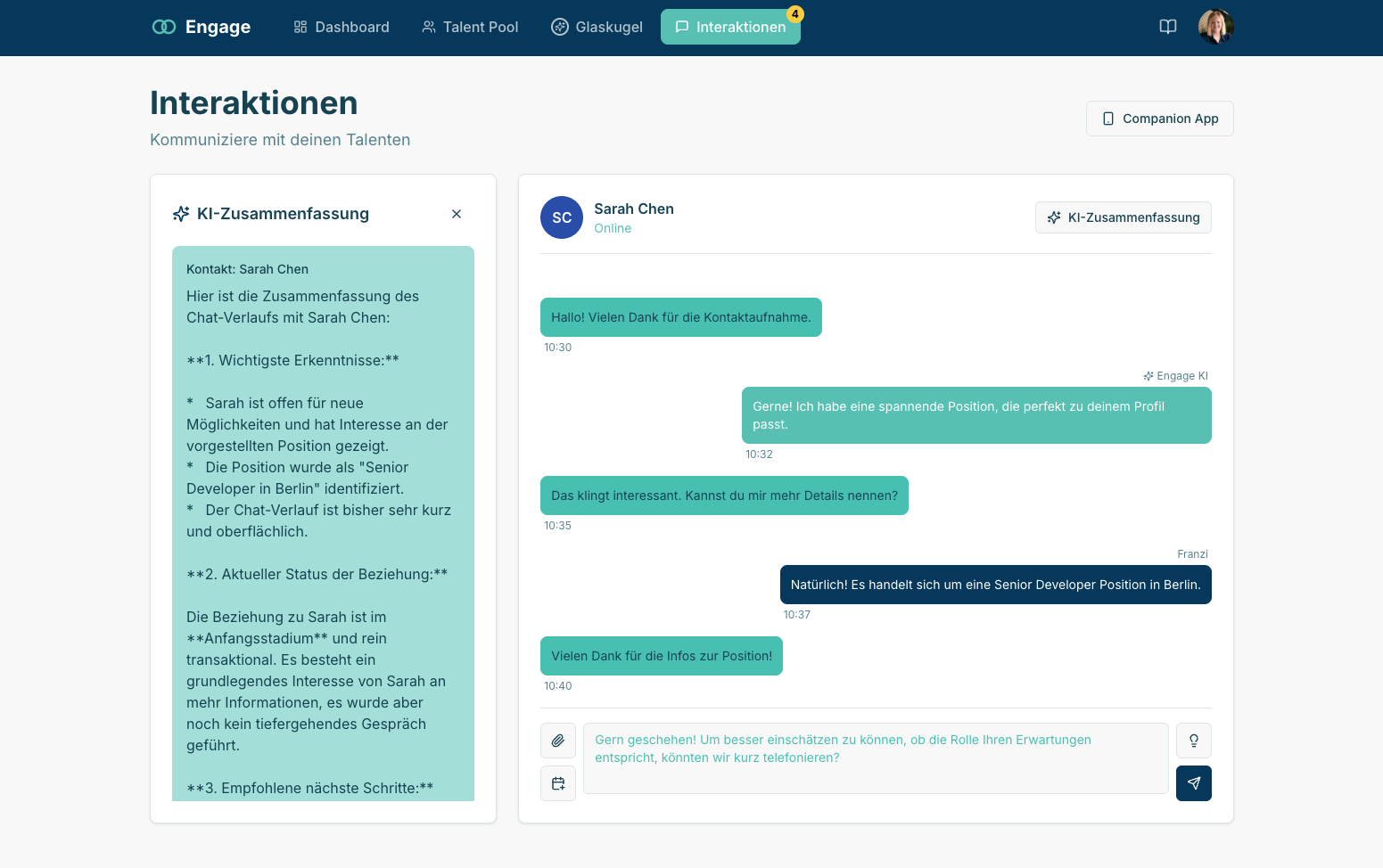 Engage Interaktionen – Chat mit Talenten und KI-Zusammenfassung