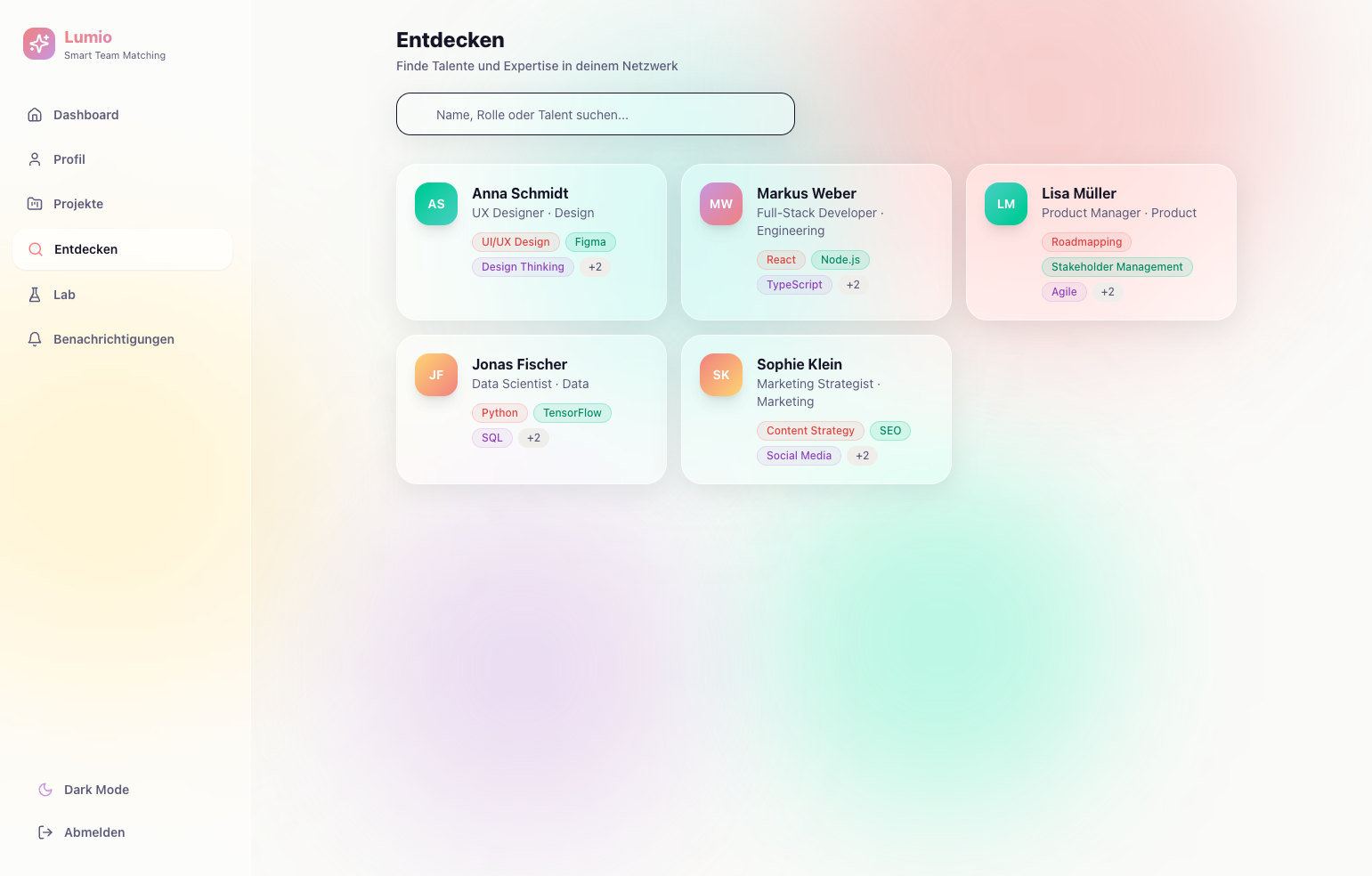 LUMIO Entdecken – Talente und Teams im Netzwerk finden