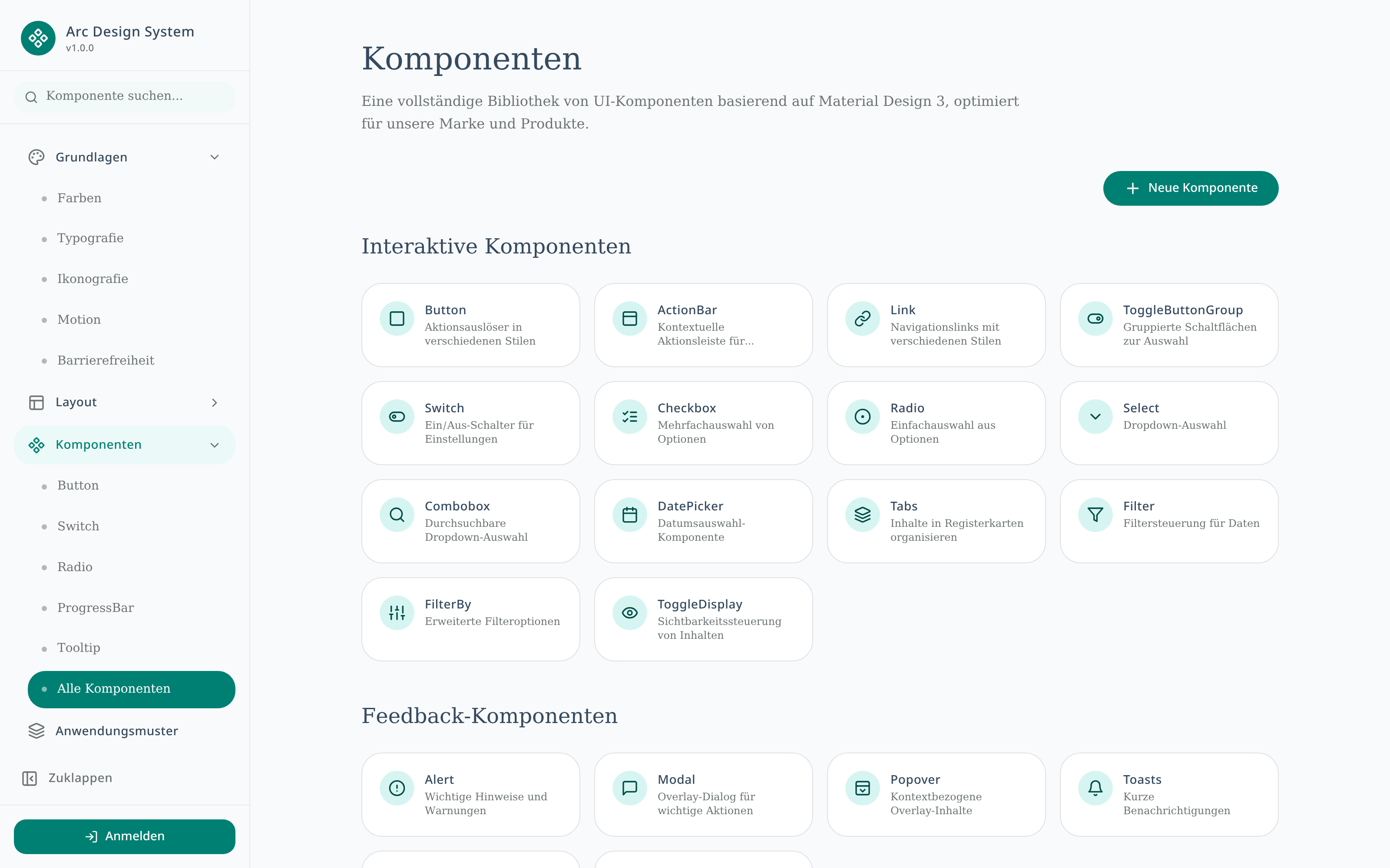 Komponenten-Übersicht der Arc Design-System-Dokumentation mit interaktiven, Feedback-, Daten- und Formular-Komponenten